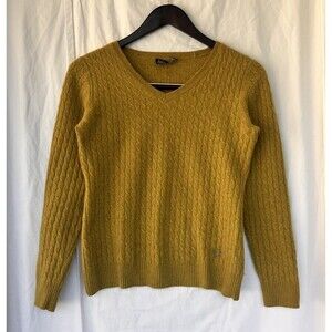 Fred Perry Mustard Yellow 100% Cashmere Sweater Women’s Size 8 Cable Knit Preppy